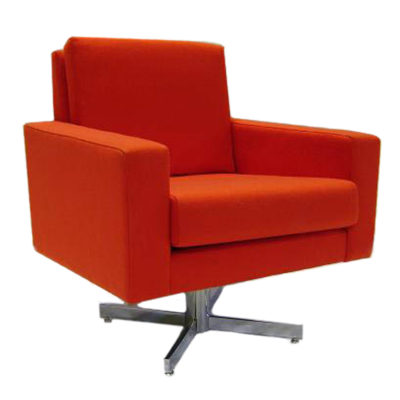Aubrey Lounge chair with orange upholstery and an x chrome base