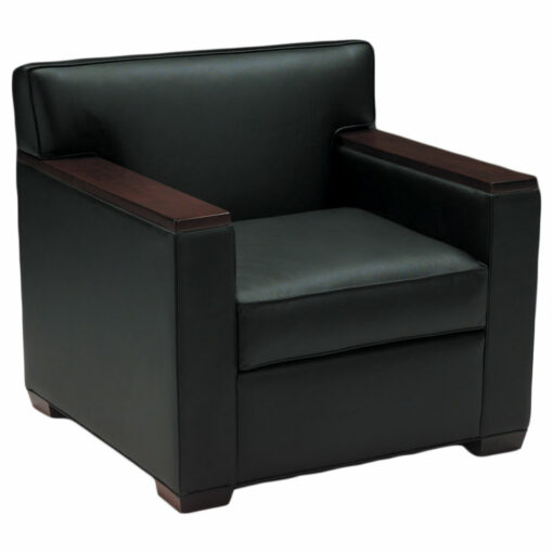 Charlie lounge chair with wood caps on arms, black leather upholstery and wood legs