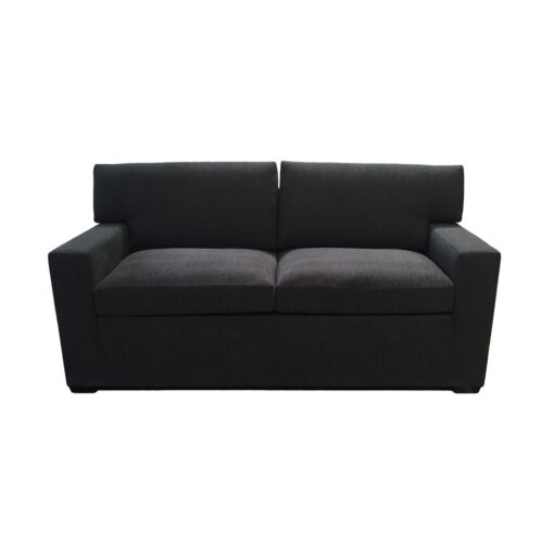 Charlie lounge settee with dark gray upholstery and dark wood legs.