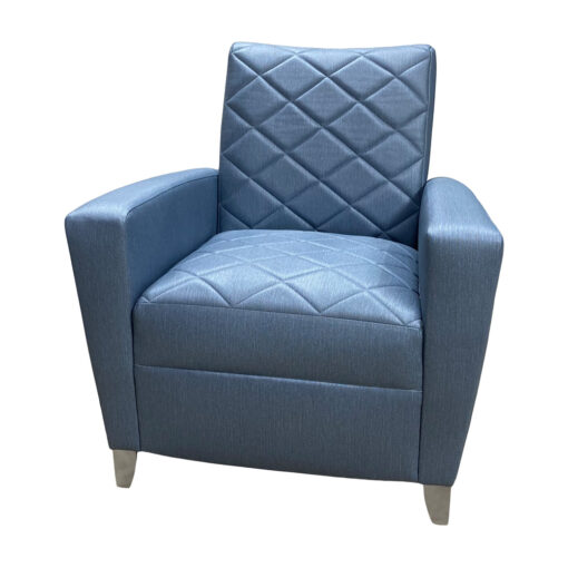 Evan Lounge Chair in sewn diamond pattern on seat and back, blue upholstery and steel legs