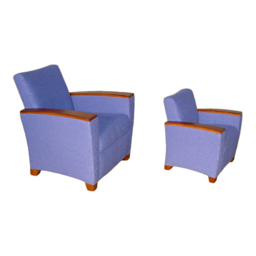Purple Evans Lounge Chair and matching small lounge youth chair with wood arm caps and legs.