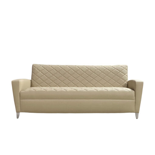 Evans lounge sofa with a sewn diamond pattern on back and seat, cream leather upholstery and steel legs.