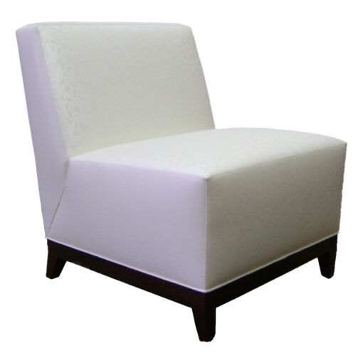 Julie lounge chair without arms, in white leather upholstery and a wooden base and legs