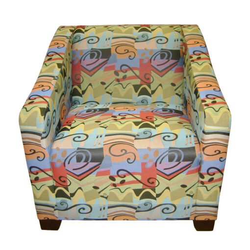 Lindsay lounge chair in abstract print and wooden legs.