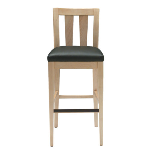 Benton Barstool with green upholstery, open slate back and foot rail.