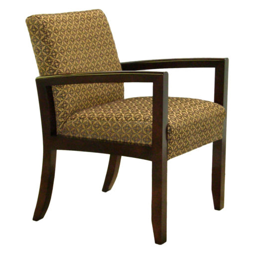 Evans Pull Up chair with printed upholstery and wood arm rests and legs.