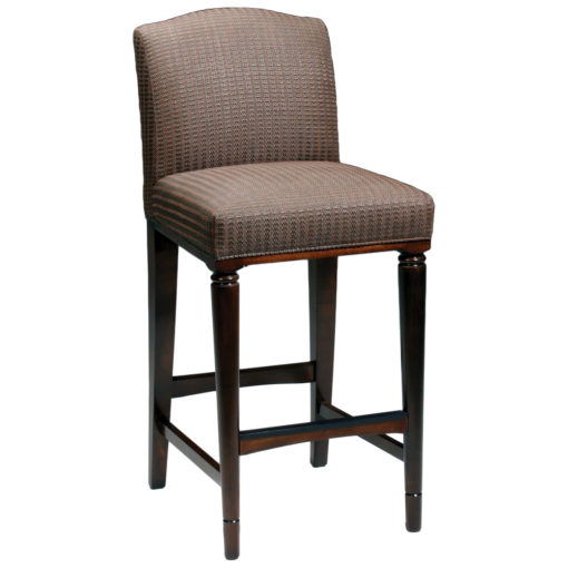 French Club barstool with brown and gray upholstery and wooden legs with foot rails