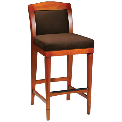 French Club barstool with wood trim around back and upholstered insert on back and seat, wooden legs with foot rails.