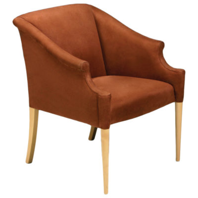 French Club Pull up with orange suede upholstery and wooden legs