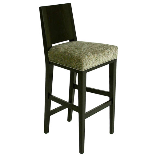 Iredale barstool with solid wood back and upholstered seat, foot rails, and wood legs