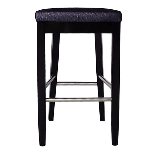 Backless Meridian barstool with ostrich upholstery on seat with dark wood legs and 360 steel foot rails.