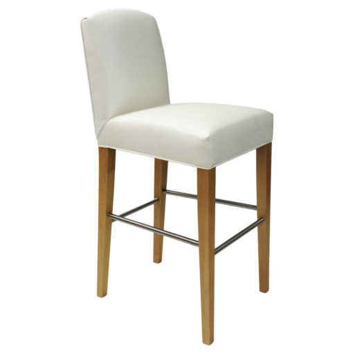 Navarro Barstool with a white upholstery, foot rail and wood legs.