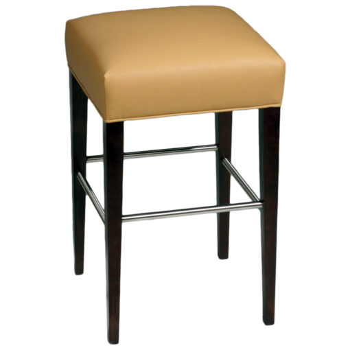 Navarro backless barstool with yellow leather upholstery, foot rails, and wooden legs