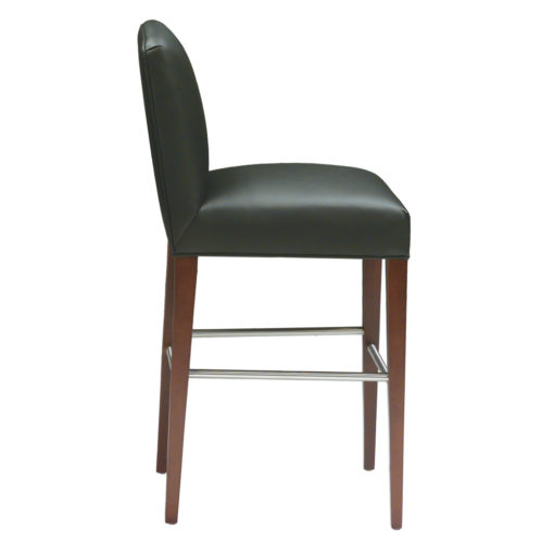 Side view of Navarro barstool with green leather upholstery, steal foot rails and wooden legs