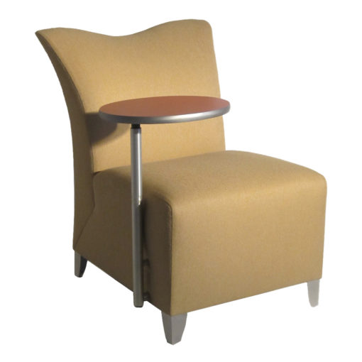 Armless Rawlins chair with tablet arm, tan upholstery, and steel legs.