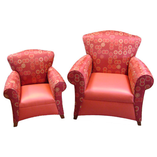 Royal Lounge Chair with Matching Youth lounge chair with red upholstery and wood legs.