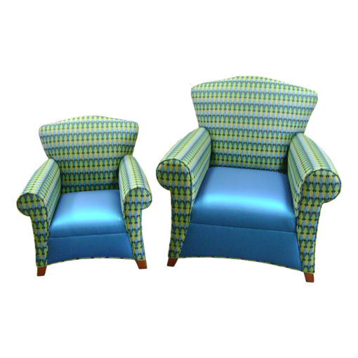 Royal Lounge with Matching Youth Chair with blue and green upholstery and wood legs.