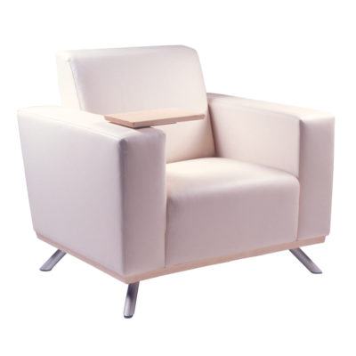 Soma Lounge Chair with Tablet upholstered in white with aluminum covered legs.