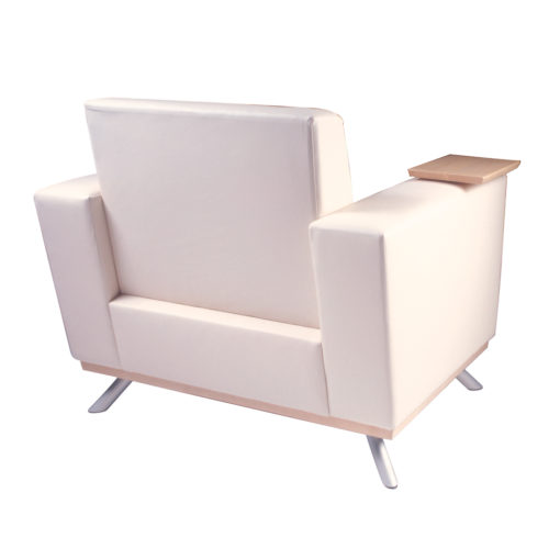 Back view of Soma lounge chair upholstered in white leather with tablet