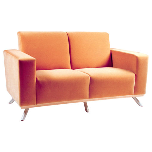 Soma Lounge Settee with orange upholstery and aluminum covered legs.