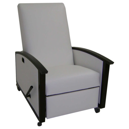Sovereign Recliner with gray upholstery with lever and casters for feet.