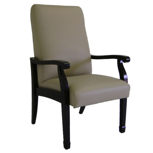 Winston high back chair with beige upholstery, open wooden arms and wood legs.