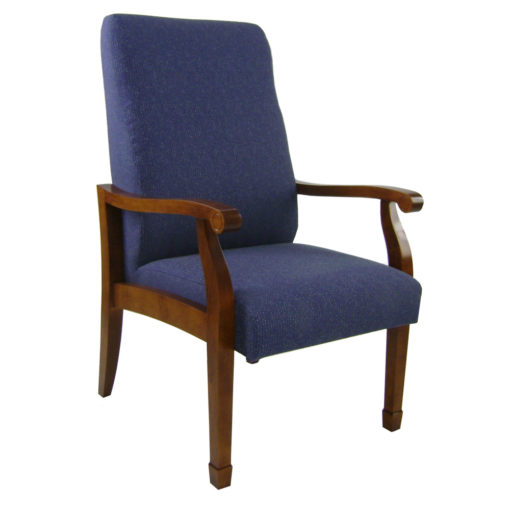 Winston high back chair with blue upholstery, open wooden arms and wood legs.