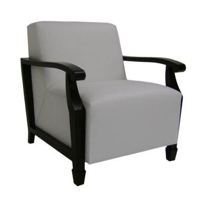 Gray upholstered Winston Lounge chair with open arms and wood legs.