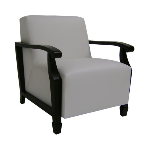 Gray upholstered Winston Lounge chair with open arms and wood legs.