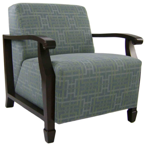 Blue upholstered Winston Lounge chair with open arms and wood legs.