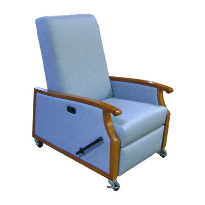 Winston Lounge Recliner chair with blue upholstery on casters.