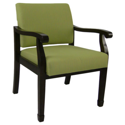 Winston Pull Up Chair with Open Arms and green upholstery and dark wood legs.