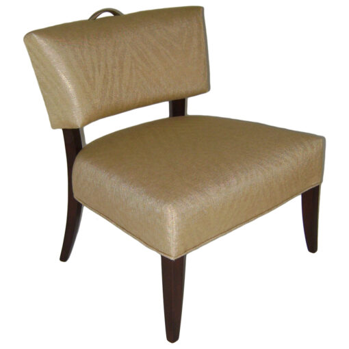 Z pull up chair has a half back cushion with a handle on top, dark wood legs and a tan subtle zebra printed upholstery.