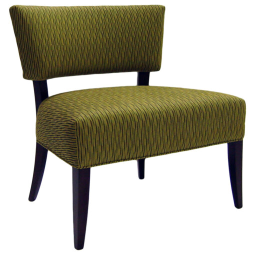 Z pull up chair in lime green upholstery with textured ridges, half back and dark wood legs.