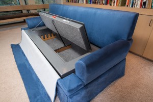 Couchbunker with cushions removed and safe open