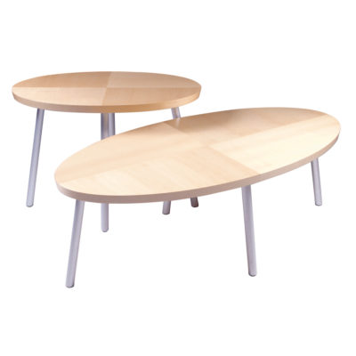 Soma Tables with wood tops and aluminum covered steel legs.