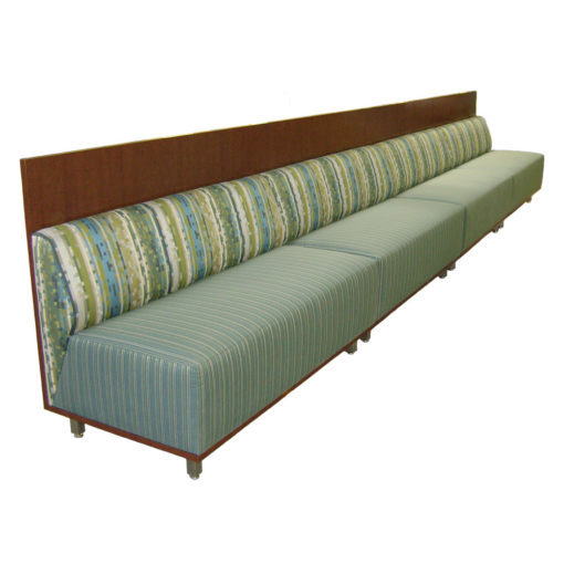 Bizzell Banquette; Wooden frame, cushioned back with multi-seating on steel legs