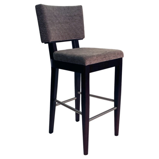 Meridian Barstool upholstered in soft gray with wooden legs and steel foot rails.