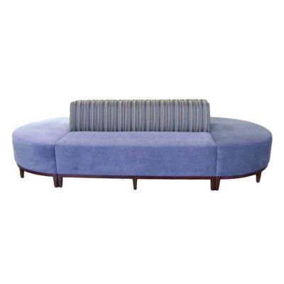 Oblong soft blue seat with striped back and wooden legs; Nelson Banquette