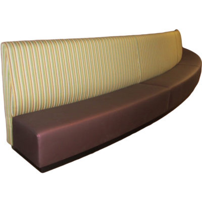 Quail Banquette with striped back upholstery with bronze color upholstery on seat