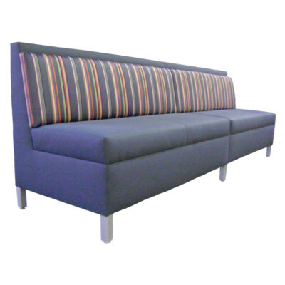 Light Blue upholstered seat and back with sewn in striped colorful upholstery and aluminum legs; West Banquette
