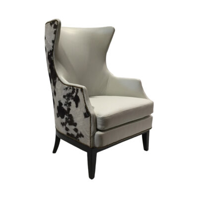 Front View of the Beaumont Lounge Chair with white leather upholstery and wooden chair legs