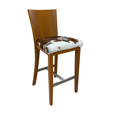 Justin barstool with hardwood back and cowhide upholstery on seat, with stainless steel foot rails