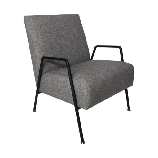 Gray upholstered Marfa lounge chair with black metal frame for arms and legs