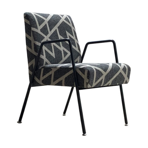 Marfa pullup chair with grey patterned upholstery and black metal legs