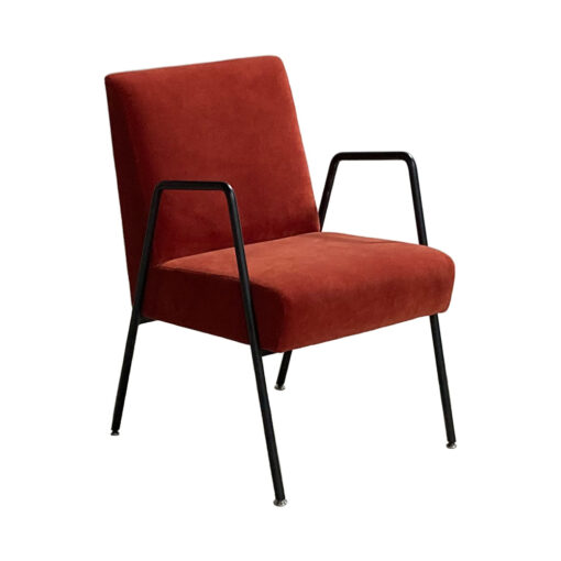 Marfa pullup chair in reddish orange upholstery with black metal legs