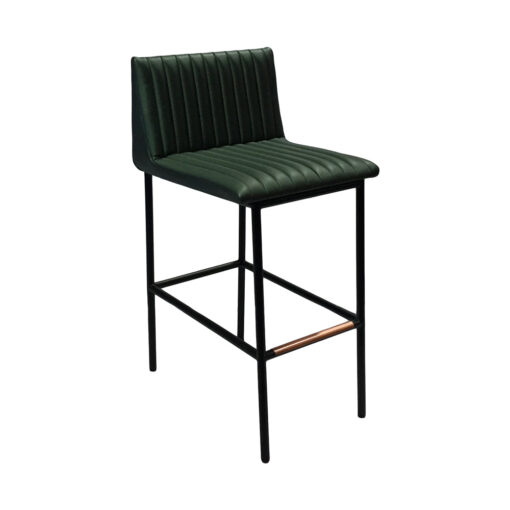 Dark green upholstered Paris Barstool with black frame, low back and front foot rail covered in brass