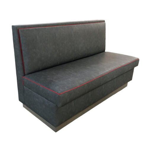 Gray Upholstered Plano booth with red welting along back and seat