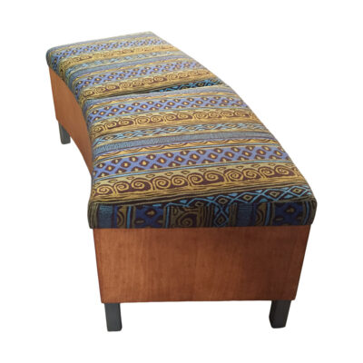 Abstract printed upholstered River Legacy Bench with a wooden base and steel legs
